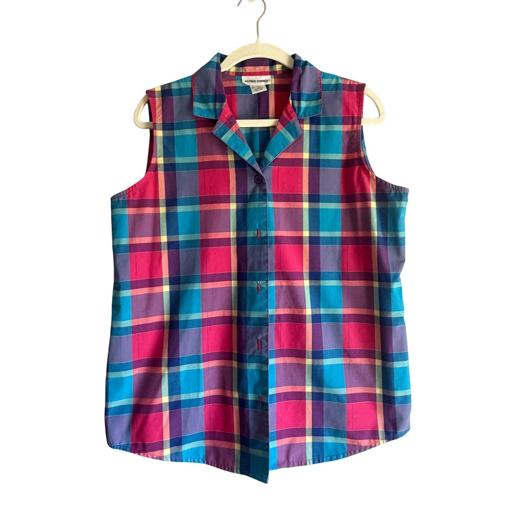Alfred Dunner Womens Plaid Sleeveless Button Up Shirt Multi Color Size 12 Top